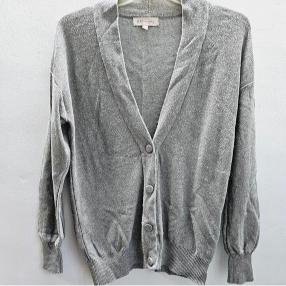 Philosophy Grey Knit Wool Blend Deep V-Neck Button-Front Cardigan, Size Large
